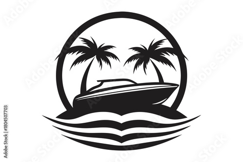 The silhouette depicts two palm trees, boat, and water waves forming a summer vacation icon