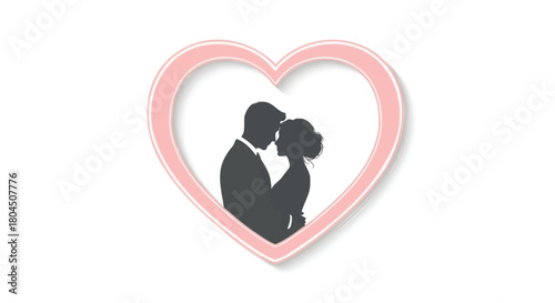 Elegant silhouette of a newlywed couple embracing within a soft pink heart frame