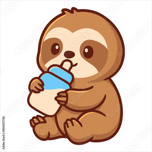 Adorable Baby Sloth with Milk Bottle Flat Vector Logo Illustration