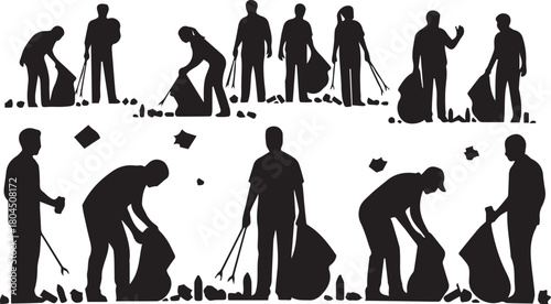 Volunteers cleaning up litter silhouettes for international volunteer day activities and events