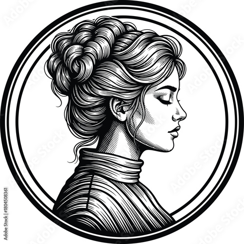 Woman portrait illustration victorian era style black and white drawing eps silhouette