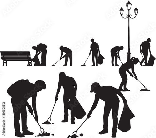 Diverse volunteers cleaning public spaces international volunteer day community service silhouette set