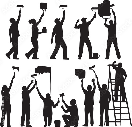 International volunteer day diverse people silhouettes painting and helping activities