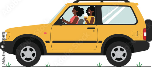 Yellow SUV car side view, two people inside vehicle, driver holding steering wheel, passenger drinking, travel leisure ride, cad drawing flat vector illustration