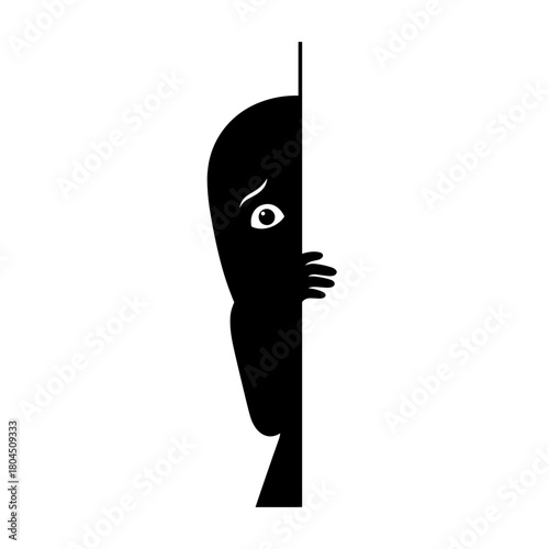 Silhouette of scared girl peeking from behind wall with wide eye and copy spac