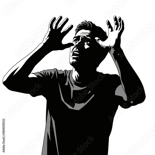 Silhouette of fearful man with raised hands and anxious expression on white background
