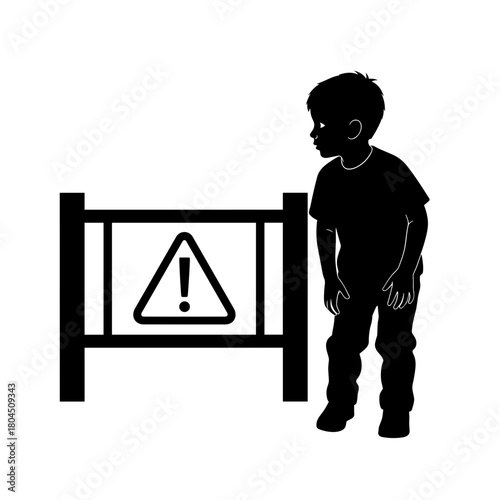 Silhouette of boy near warning gate with danger symbol on white background with copy space