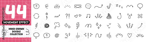 Comic movement effect and expression sign icon set. Anime and manga doodle symbols. Japanese decorative lines, character emotion in sketch style. Hand drawn vector illustration