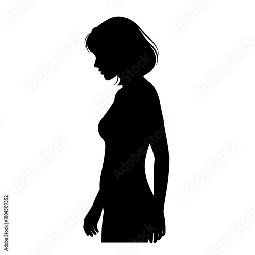 Silhouette of woman in profile with downcast gaze on white background with copy space