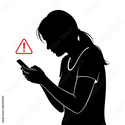 Silhouette of woman reading emergency alert on phone with warning symbol and copy space
