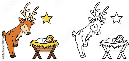 Adoring Deer and Baby Jesus with Star Sweet Christmas Nativity Scene Woodland Animal and Children's Holiday Coloring Page