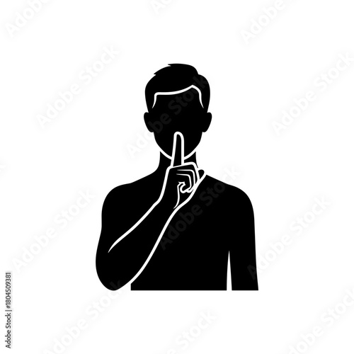 Silhouette of man making silent gesture with finger on lips on white background