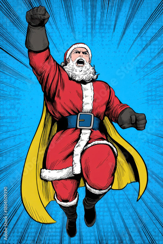 Christmas Santa Claus Doctor Concept, Christmas Santa Claus superhero doctor scientist character flying with cape and red costume blue background