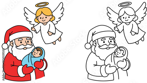 Santa Baby Jesus and Angel Whimsical Christmas Nativity Scene Holiday Celebration and Cute Cartoon Character Illustration