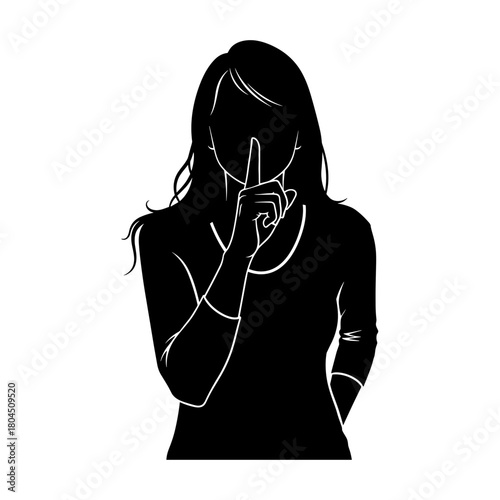 Silhouette of woman making silence gesture with finger on lips and copy space