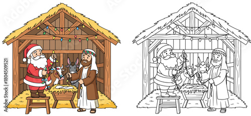 Santa and Joseph Decorating the Manger Festive Nativity Scene with Christmas Lights Adorable Animals and Holiday Spirit