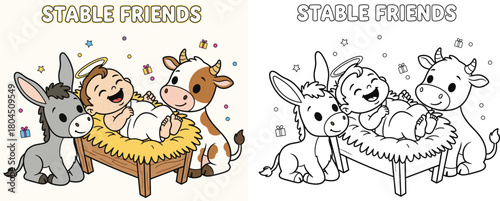 Stable Friends Adorable Baby Jesus Donkey and Cow Cartoon for Nativity Scenes Christmas Children's Books and Coloring Pages