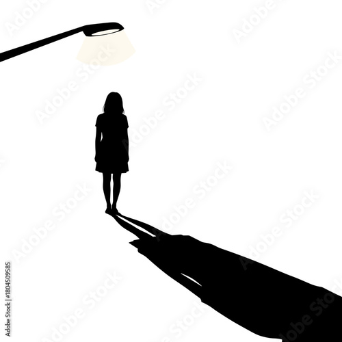 Silhouette of a Girl Under Streetlight Casting a Long Shadow