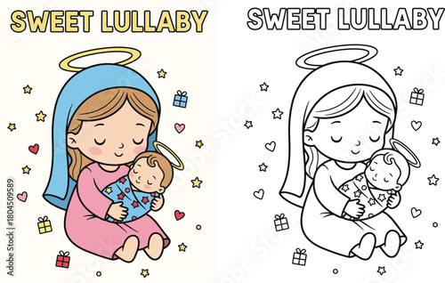 Sweet Lullaby Adorable Virgin Mary Cradling Baby Jesus Cute Christmas Holy Family Art Coloring Page and Icon Design
