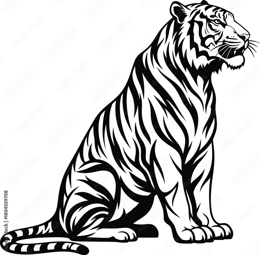 Fototapeta premium Tiger illustration vector black and white sitting tiger clip art design eps silhouette