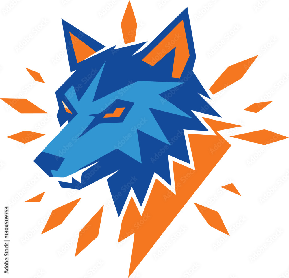 Fototapeta premium Powerful geometric wolf head logo in vibrant blue and orange colors
