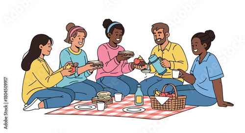 Diverse group of friends enjoying a delightful picnic lunch together outdoors on a sunny day