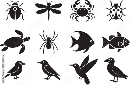 Collection of diverse animal icons: insects, marine life, and birds. simple flat vector silhouettes for graphic design.