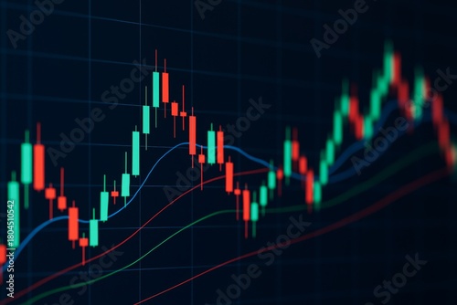 Colorful candlestick stock chart showing price trends and market volatility on a dark background for investment and finance concept illustration. Ai generative