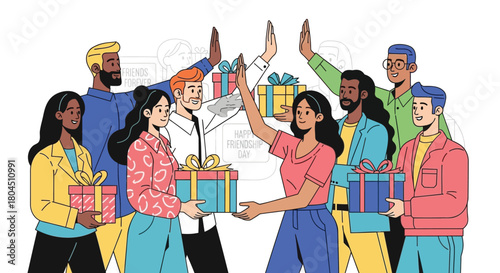 Diverse group of friends celebrating friendship day with gifts and high fives in a vibrant illustration
