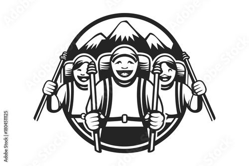Three cheerful hikers with backpacks and trekking poles enjoy mountain adventure together in monochrome