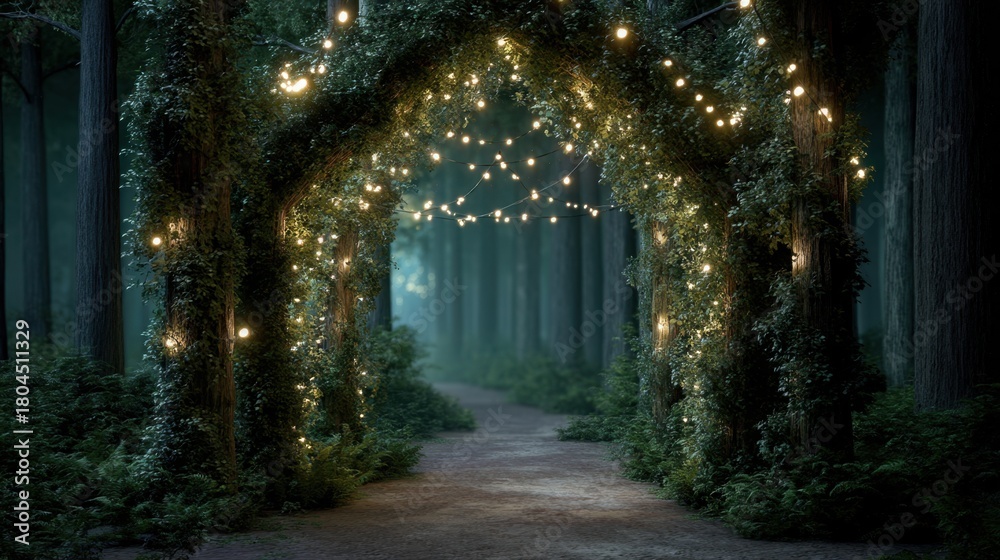 Obraz premium Enchanted forest path with glowing string lights forming an archway. Magical woodland scene for fantasy backgrounds, wedding decor, or romantic event.