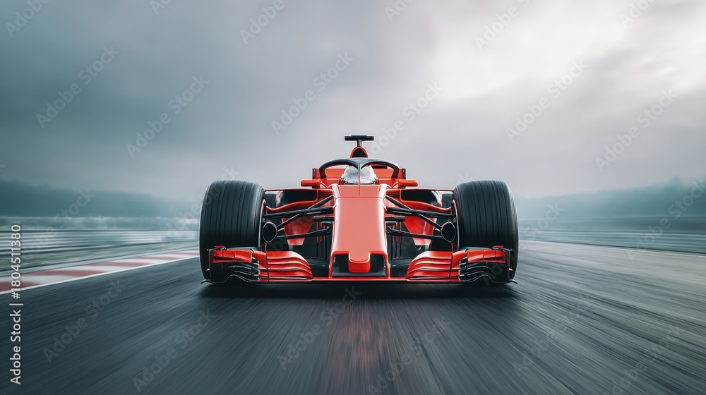Obraz premium Red formula one race car speeding on asphalt track with blurred motion background. Professional motorsport and racing concept.