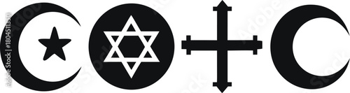 Religious symbols: islam, judaism, christianity represented.