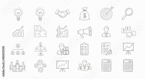 Collection of hand drawn business icons and symbols for strategy