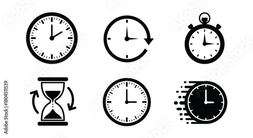 Collection of diverse clock and time icons on white background