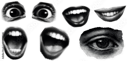 Retro Halftone Eye and Lips Collage Elements – Vintage Dotted Pop Art Cutout Graphics for Mixed Media Design