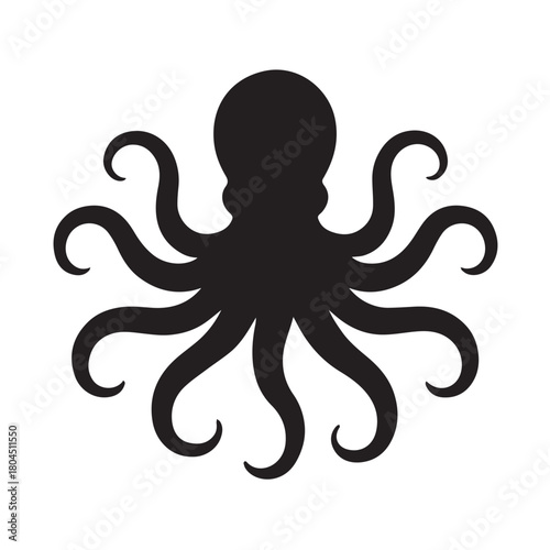 Silhouette of an octopus with eight tentacles isolated on white background