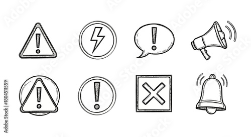 Set of hand drawn warning and notification icons in sketch style