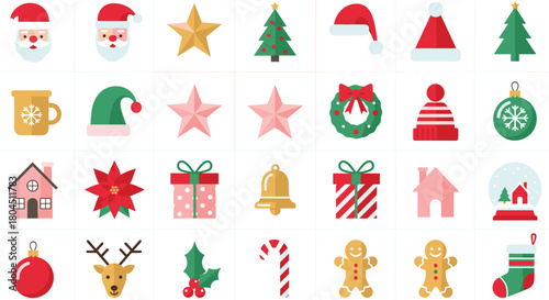 Mega Set of Cute Christmas Holiday Flat Icons Vector Illustration