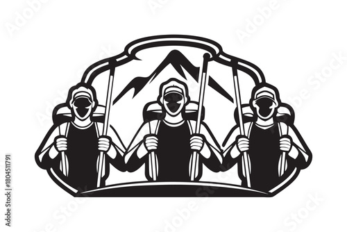 Three hikers carry trekking poles while climbing mountains in a monochrome stylized vector