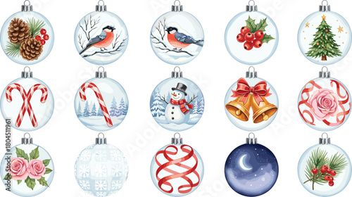 Set of Watercolor Style Christmas Tree Glass Ball Ornaments Vector Illustration