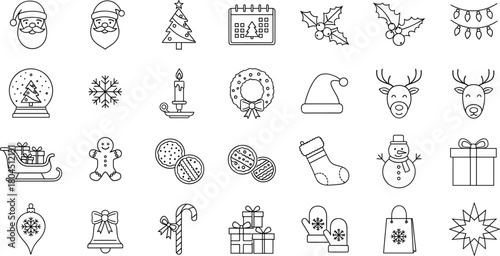 Mega Set of Hand Drawn Christmas and Winter Holiday Outline Icons Vector Illustration
