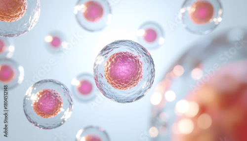 ピンクの細胞構造が浮かぶ美容成分の3Dイメージ。美肌・再生・細胞活性化を表現した化粧品広告素材。3D visualization of pink cellular structures symbolizing beauty, regeneration, and cell activation in skincare science.