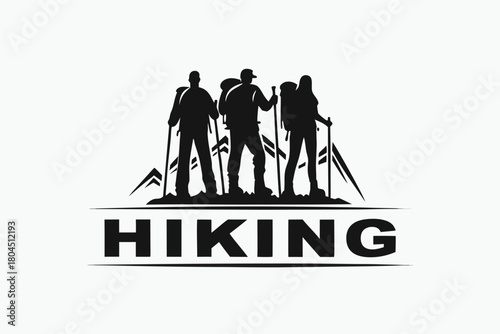 Three hikers with backpacks use trekking poles to climb mountain peaks together in silhouette