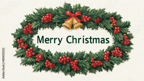 Merry Christmas Wreath White Background Concept, Merry Christmas wreath with festive holly berry decoration and golden bow for holiday celebration