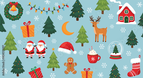 Cute Christmas Holiday Characters and Decorations on Blue Winter Background Vector Illustration