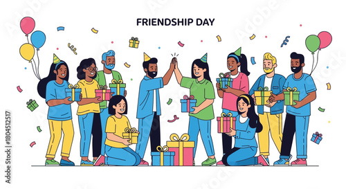 Diverse group of friends celebrating friendship day with gifts balloons and confetti in a festive illustration