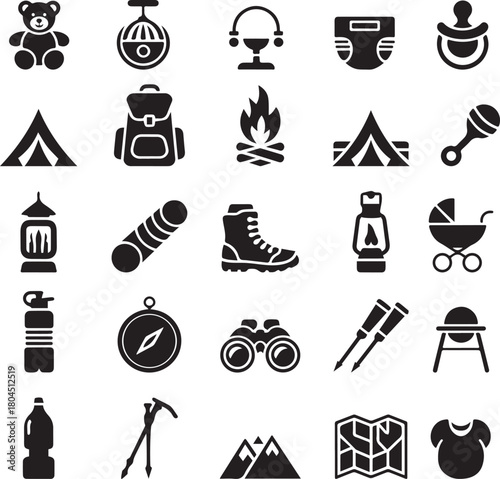 Comprehensive collection of outdoor adventure and baby care silhouette icons, ideal for various design projects.
