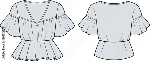 Women’s blouse technical flat sketch, ruffle sleeve peplum top, CAD drawing flat vector illustration, fashion design template