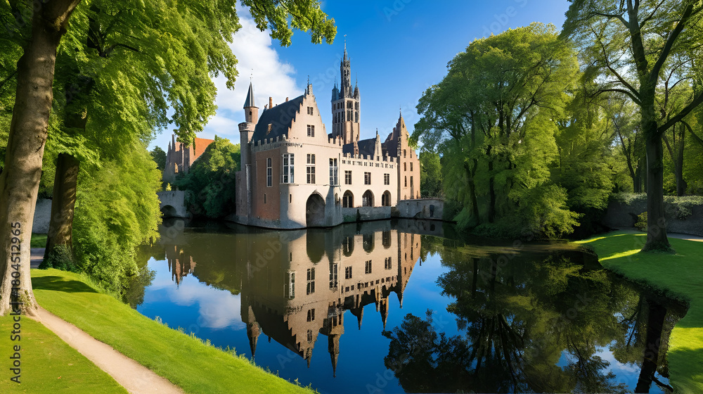 Obraz premium View of the Minnewater Lake & the gatehouse of a demolished castle in Bruges, Belgium